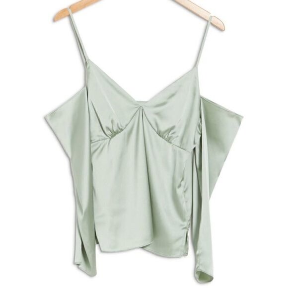 New WAYF Cold Shoulder Tie Strap Satin Cami In Sage Sea Green Sz M - Picture 2 of 11